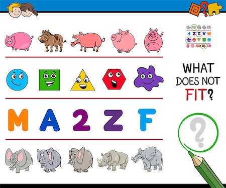 simsearch:400-09002091,k - Cartoon Illustration of Finding Picture that does not Fit in a Row Educational Game with Animals and Shapes and Letters Stock Photo - Budget Royalty-Free & Subscription, Code: 400-09138387