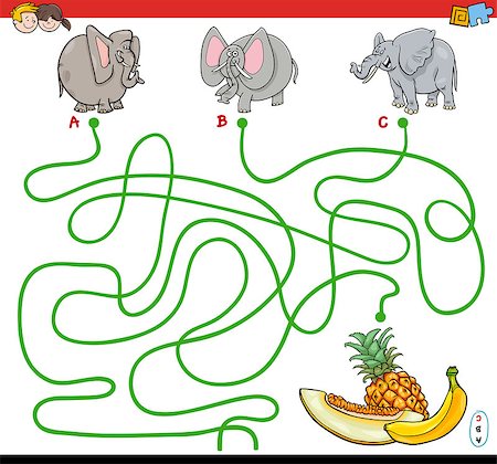 simsearch:400-08973723,k - Cartoon Illustration of Paths or Maze Puzzle Activity Game with Elephants Animal Characters and Fruits Foto de stock - Royalty-Free Super Valor e Assinatura, Número: 400-09138388