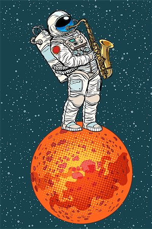 astronaut plays saxophone on Mars. Pop art retro vector illustration comic cartoon kitsch drawing Photographie de stock - Aubaine LD & Abonnement, Code: 400-09138399