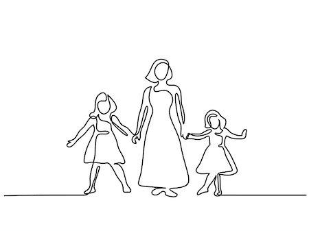 Continuous line drawing. Happy woman mother with two her daughters. Vector illustration Stock Photo - Budget Royalty-Free & Subscription, Code: 400-09138403