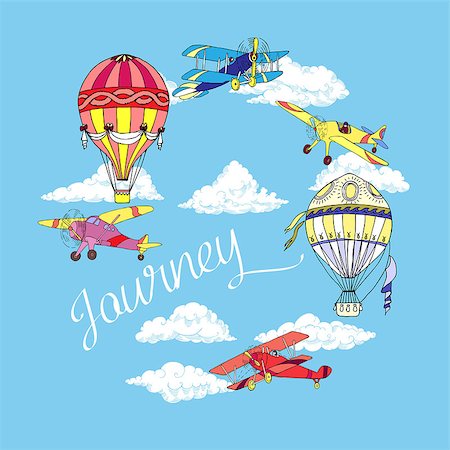 simsearch:400-04018001,k - Background with Colored Airplanes and Hot Air Balloons. Hand drawn sky with clouds vector illustration Foto de stock - Royalty-Free Super Valor e Assinatura, Número: 400-09138427
