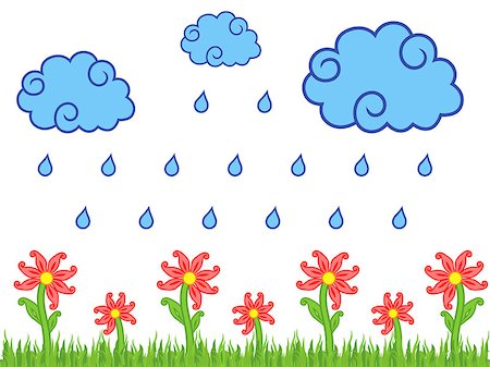 simsearch:400-06087517,k - Drops of rain from the clouds fall on red meadow flowers, childish vector illustration Stock Photo - Budget Royalty-Free & Subscription, Code: 400-09138479