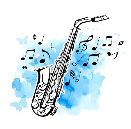 party sax images - Abstract vector background with music notes and saxophone on a blue watercolor texture Stock Photo - Budget Royalty-Free & Subscription, Code: 400-09138553