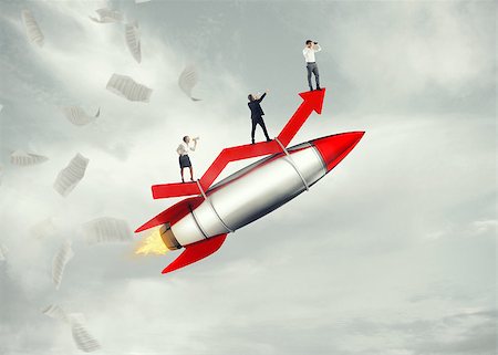 simsearch:400-09112433,k - Business people take off on a rocket. 3D Rendering Stockbilder - Microstock & Abonnement, Bildnummer: 400-09132163