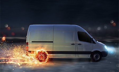 simsearch:400-08790917,k - Super fast delivery of package service . van with wheels on fire on the road Stockbilder - Microstock & Abonnement, Bildnummer: 400-09132249