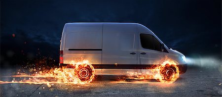 simsearch:400-08790917,k - Super fast delivery of package service . van with wheels on fire on the road Stockbilder - Microstock & Abonnement, Bildnummer: 400-09132250