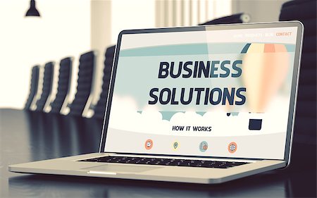 simsearch:400-08293835,k - Closeup Business Solutions Concept on Landing Page of Laptop Screen in Modern Meeting Hall. Toned Image. Blurred Background. 3D Render. Stock Photo - Budget Royalty-Free & Subscription, Code: 400-09132347