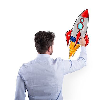 simsearch:400-08575298,k - Businessman drawing a fast rocket. Concept of business improvement and enterprise startup Stock Photo - Budget Royalty-Free & Subscription, Code: 400-09132674