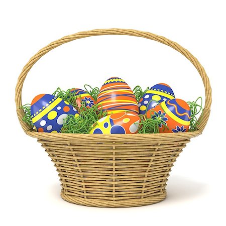 simsearch:400-07406705,k - Easter basket full of decorated eggs with grass decoration. 3D render illustration isolated on white background Foto de stock - Super Valor sin royalties y Suscripción, Código: 400-09132718