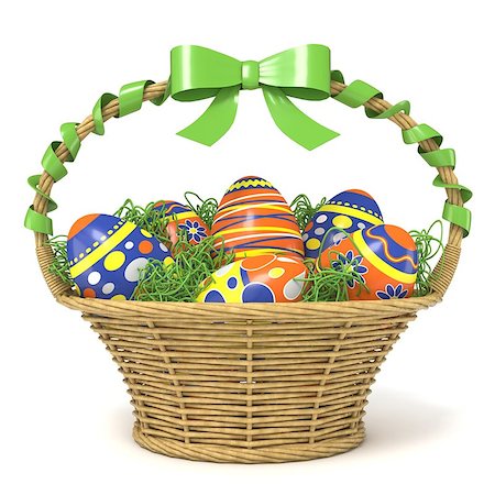 simsearch:400-07406705,k - Easter basket full of decorated eggs with green ribbon bow. 3D render illustration isolated on white background Foto de stock - Super Valor sin royalties y Suscripción, Código: 400-09132719