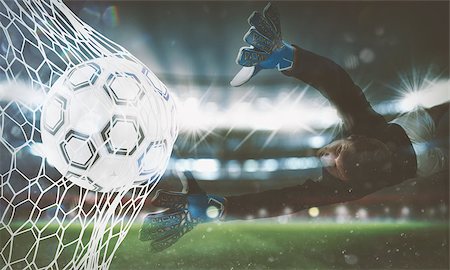 simsearch:400-09083466,k - Double exposure image with a ball pierces the soccer goal at the stadium during a night match and a goalkeeper. 3D Rendering Foto de stock - Super Valor sin royalties y Suscripción, Código: 400-09132790