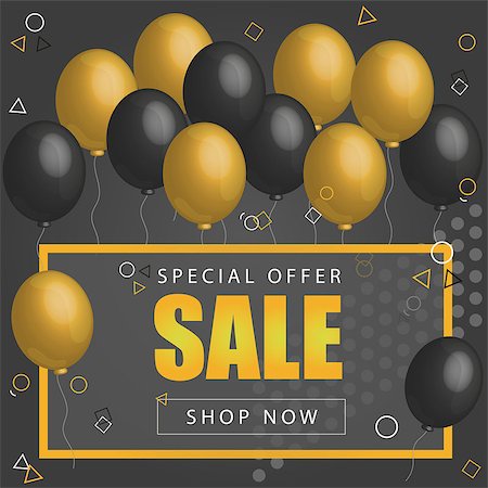 Black Friday Sale Poster with shiny balloons on dark Background with golden, glitter lettering and frame. Vector illustration. Black sale background. Foto de stock - Super Valor sin royalties y Suscripción, Código: 400-09132945