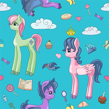 Pony vector cartoon little horse baby for children illustration set of fantasy child animal with colorful ponytailed hair. Seamless pattern Foto de stock - Royalty-Free Super Valor e Assinatura, Número: 400-09133136