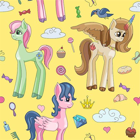 Pony vector cartoon little horse baby for children illustration set of fantasy child animal with colorful ponytailed hair. Seamless pattern Foto de stock - Royalty-Free Super Valor e Assinatura, Número: 400-09133137