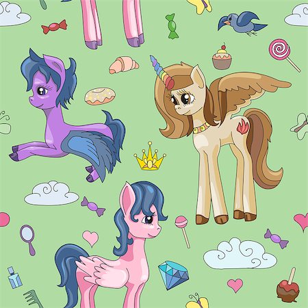 Pony vector cartoon little horse baby for children illustration set of fantasy child animal with colorful ponytailed hair. Seamless pattern Foto de stock - Royalty-Free Super Valor e Assinatura, Número: 400-09133208