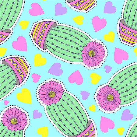 simsearch:400-09121573,k - Seamless pattern with colorful hand drawn cactuses and hearts on blue background. Photographie de stock - Aubaine LD & Abonnement, Code: 400-09133248