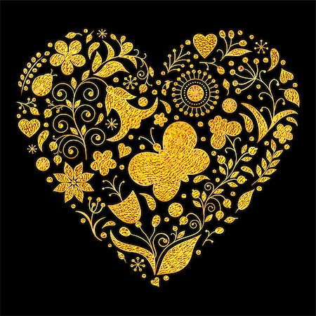 simsearch:400-07033905,k - Vector illustration of golden floral valentines heart on black background. Photographie de stock - Aubaine LD & Abonnement, Code: 400-09133253