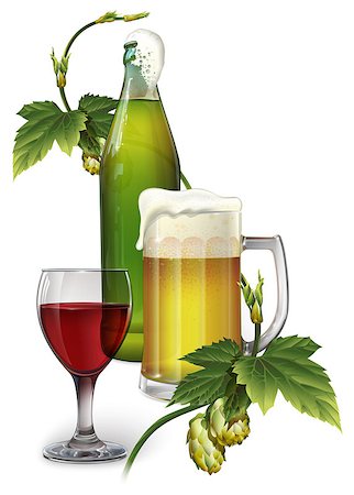 simsearch:400-07035485,k - A mug of beer, a bottle of beer, a glass of red wine and hops Foto de stock - Super Valor sin royalties y Suscripción, Código: 400-09133295