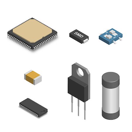 simsearch:400-09120941,k - Set of different active and passive electronic components isolated on white background. Resistor, capacitor, diode, microcircuit, fuse and button. 3D isometric style, vector illustration. Stock Photo - Budget Royalty-Free & Subscription, Code: 400-09133314