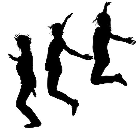 simsearch:400-04124284,k - Silhouette of three young girls jumping with hands up, motion. Fotografie stock - Microstock e Abbonamento, Codice: 400-09133454