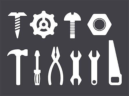silhouette as carpenter - Manual tools and instruments set, white isolated icons on dark bacground, vector illustration Stock Photo - Budget Royalty-Free & Subscription, Code: 400-09133773