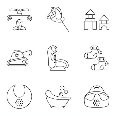 Baby thin line related vector icon setfor web and mobile applications. Set includes - airplane, horse, building kit, tank, baby seat, socks, bib, bath, potty. It can be used as - logo, pictogram, icon, infographic element. Stock Photo - Budget Royalty-Free & Subscription, Code: 400-09133804