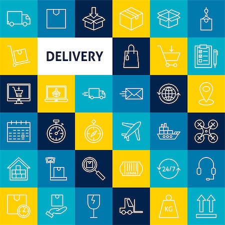 simsearch:400-08499668,k - Vector Delivery Line Icons. Thin Outline Logistics Symbols over Colorful Squares. Stock Photo - Budget Royalty-Free & Subscription, Code: 400-09133952