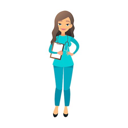 Cute nurse flat cartoon illustration. Beautiful young female medical doctor. Female nurse, hospital worker in blue uniform Stock Photo - Budget Royalty-Free & Subscription, Code: 400-09133974