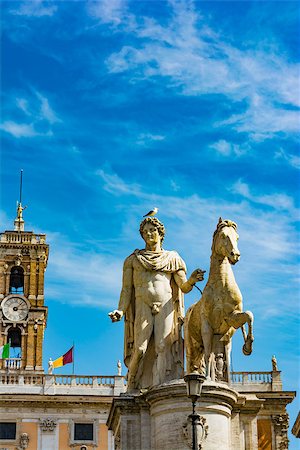 simsearch:400-05709385,k - Statue of Pollux with his horse at Piazza del Campidoglio on Capitoline Hill, Rome, Italy. Photographie de stock - Aubaine LD & Abonnement, Code: 400-09140803