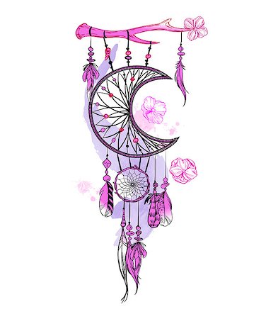 dream catcher - Vector illustration with hand drawn dream catcher and watercolor stains. Feathers and beads Stock Photo - Budget Royalty-Free & Subscription, Code: 400-09141340