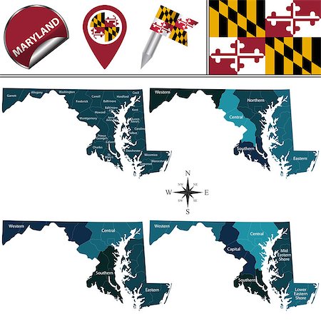 simsearch:400-09114917,k - Vector map of Maryland with named regions and travel icons Stock Photo - Budget Royalty-Free & Subscription, Code: 400-09141525