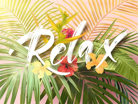 Bright exotic summer design with lettering integrated to tropical plants and flowers. Vector background of hibiscus flowers and palm tree leaves. Photographie de stock - Aubaine LD & Abonnement, Code: 400-09141545