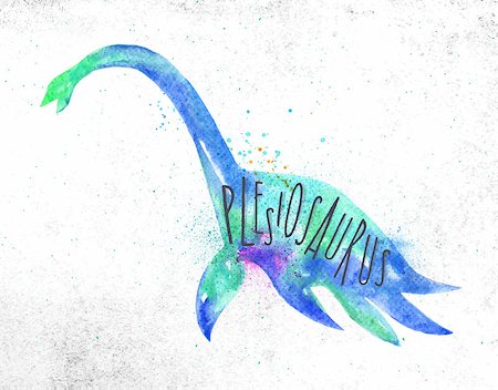 simsearch:400-08161528,k - Dynosaur poster lettering plesiosaurus drawing with color, vivid paint on dirty paper background. Foto de stock - Royalty-Free Super Valor e Assinatura, Número: 400-09141640