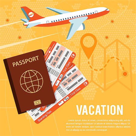 simsearch:400-08696041,k - Vacation and Tourism Concept with Flat Icons Aircraft, Passport and Tickets. Vector illustration Fotografie stock - Microstock e Abbonamento, Codice: 400-09141658