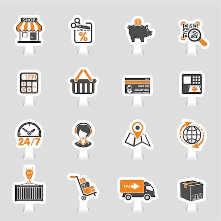 simsearch:400-08138759,k - Internet Shopping, Delivery and Cargo sticker icons in flat style. Shop, truck, support, basket. Vector illustration Foto de stock - Royalty-Free Super Valor e Assinatura, Número: 400-09141667