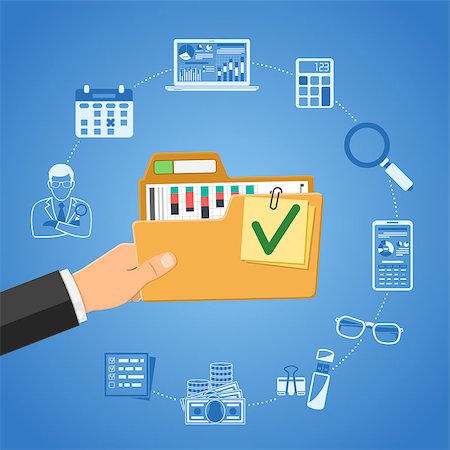 Auditing, Tax process, Business Accounting Infographics. Auditor Holds folder with checked up Financial Reports in Hand. Flat Style Icons. Isolated vector illustration Stock Photo - Budget Royalty-Free & Subscription, Code: 400-09141660