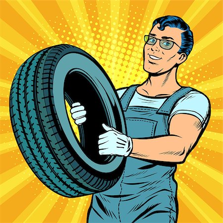 Male car mechanic with wheel. Pop art retro vector illustration comic cartoon kitsch drawing Stock Photo - Budget Royalty-Free & Subscription, Code: 400-09142057