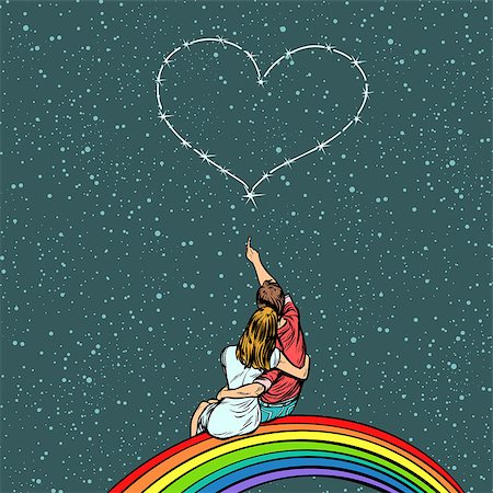 photo of constellations - couple in love looks at the heart and sits on a rainbow. Pop art retro vector illustration kitsch drawing Stock Photo - Budget Royalty-Free & Subscription, Code: 400-09142068