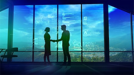 simsearch:400-08812456,k - The silhouettes of a man and a woman shake hands in the office on the background of business infographics. Stock Photo - Budget Royalty-Free & Subscription, Code: 400-09142212