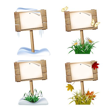Set of wooden signs in four seasons. Autumn, faded grass and falling leaves. Winter, snow and icicles. Spring, white flowers of snowdrops. Summer, green grass, chamomiles and butterflies. Photographie de stock - Aubaine LD & Abonnement, Code: 400-09142321
