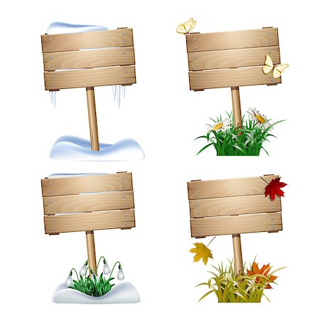 Set of wooden signs in four seasons. Autumn, faded grass and falling leaves. Winter, snow and icicles. Spring, white flowers of snowdrops. Summer, green grass, chamomiles and butterflies. Stock Photo - Budget Royalty-Free & Subscription, Code: 400-09142322