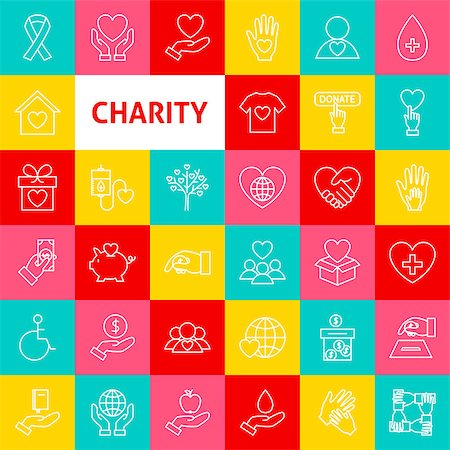 Vector Charity Line Icons. Thin Outline Donation Symbols over Colorful Squares. Photographie de stock - Aubaine LD & Abonnement, Code: 400-09142374