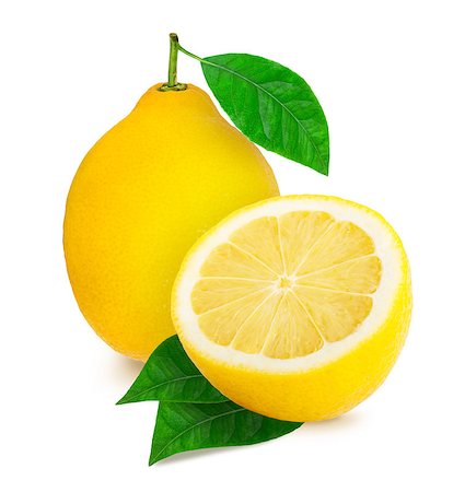 simsearch:400-04994957,k - Single lemon and a half of lemon citrus fruit with leaves isolated on white background. Clipping path included Fotografie stock - Microstock e Abbonamento, Codice: 400-09142413