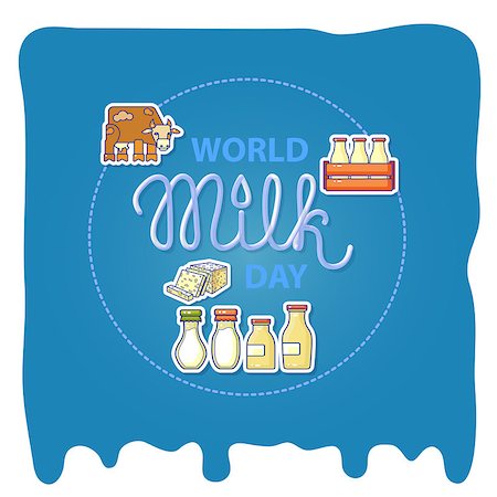 World milk day card with handwritten 3d lettering and flat icons bottle of milk, cheese and cowisolated on blue background. Vector illustration. Photographie de stock - Aubaine LD & Abonnement, Code: 400-09142436