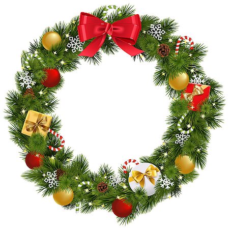 simsearch:400-09142612,k - Vector Christmas Wreath with Garland isolated on white background Stockbilder - Microstock & Abonnement, Bildnummer: 400-09142599
