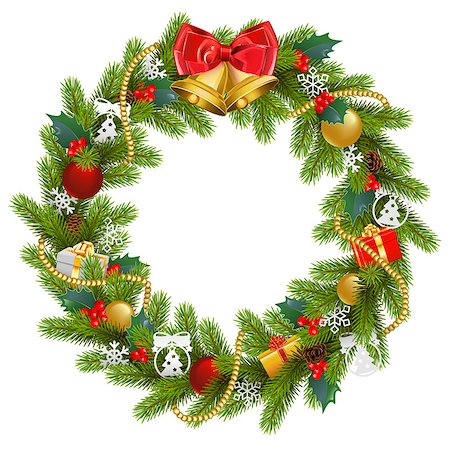 simsearch:400-09142612,k - Vector Fir Wreath with Red Mistletoe isolated on white background Stockbilder - Microstock & Abonnement, Bildnummer: 400-09142618