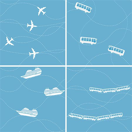 railway tracks in silhouette - Seamless flat cartoon vector pattern set with train, bus, ship and jet Stock Photo - Budget Royalty-Free & Subscription, Code: 400-09154098