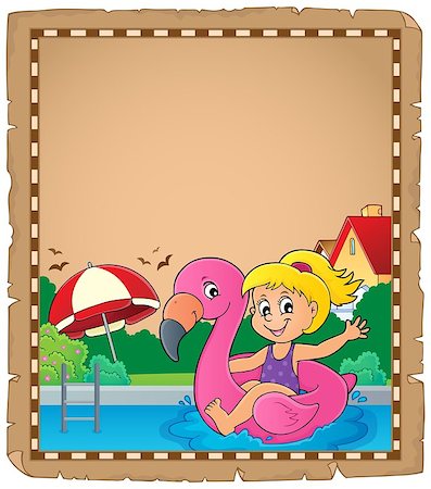 flamingo not pink not bird - Parchment with girl on flamingo float 1 - eps10 vector illustration. Stock Photo - Budget Royalty-Free & Subscription, Code: 400-09154223