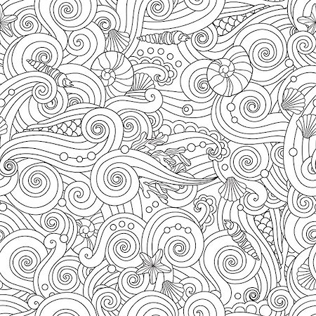 Serene hand drawn outline seamless pattern with sea waves, seashells isolated on white background. Coloring book for adult and older children. Art vector illustration. Foto de stock - Super Valor sin royalties y Suscripción, Código: 400-09154316