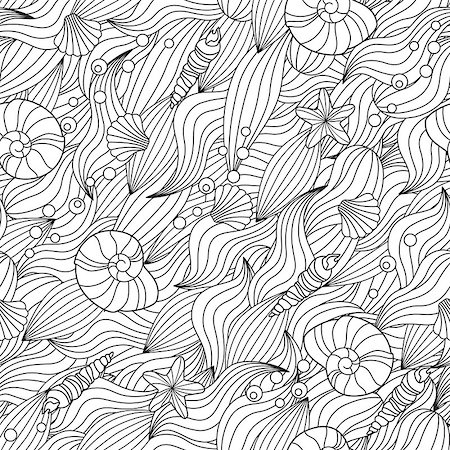 Serene hand drawn outline seamless pattern with sea waves, seashells isolated on white background. Coloring book for adult and older children. Art vector illustration. Stock Photo - Budget Royalty-Free & Subscription, Code: 400-09154317